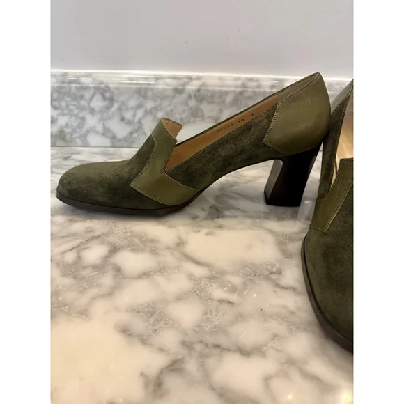 Bottega Veneta Olive Suede Block Heels Leather Trim Pumps Size 10